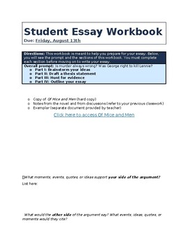 Preview of Of Mice and Men Writing Resource: Student Essay Organizer