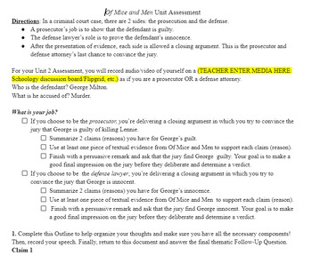 Preview of Of Mice and Men Unit Assessment: Argumentative Writing w/ Rubric - Editable!