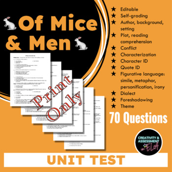 Preview of Of Mice and Men Unit Test Final Exam | 70 Question Print Assessment