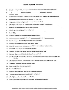 Preview of Of Plymouth Plantation by William Bradford Complete Guided Reading Worksheet