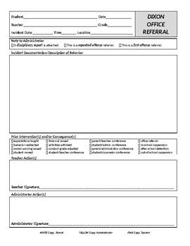 Preview of Office Referral Form Behavior / Conduct Intervention EDITABLE!
