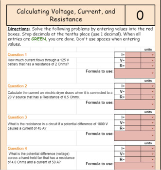 Preview of Ohm's Law: Calculating Current, Voltage, and Resistance *SELF GRADING* sheet