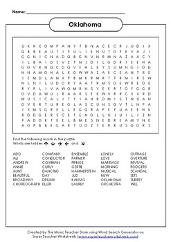 Preview of Oklahoma (Broadway Musical) Word Search ONLINE,VIRTUAL