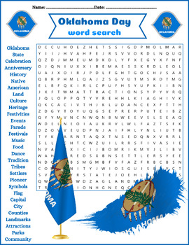 Preview of Oklahoma Day Word Search Puzzle with Small Coloring Symbols B/W ⭐No Prep⭐