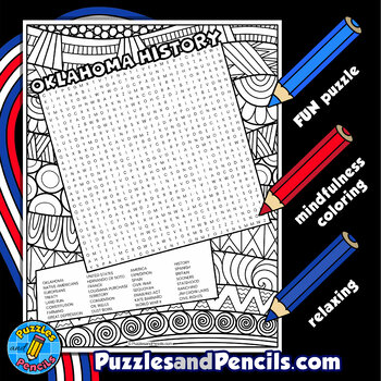 Oklahoma History Word Search Puzzle Activity Page with Coloring State