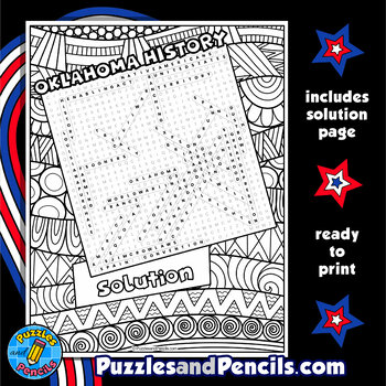 Oklahoma History Word Search Puzzle Activity Page with Coloring State