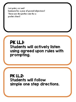 Preview of Oklahoma Standards and Objectives for PreK - color coded pocket chart style