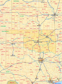 Preview of Oklahoma map with cities township counties rivers roads labeled