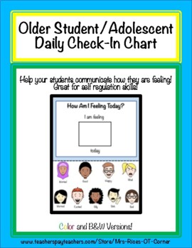 Preview of Older Student/Adolescent Daily Check in Chart! Self Regulation