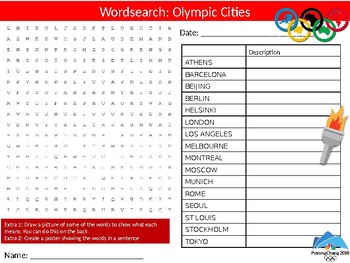 Preview of Olympic Cities Wordsearch Puzzle Sheet Keywords Fitness Physical Education