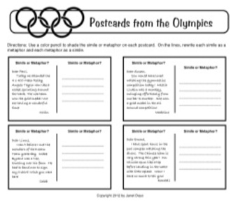 Preview of Olympics Postcards Similes and Metaphors (Figurative Language)