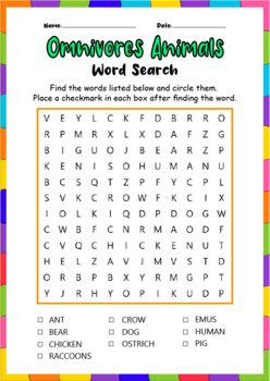 Omnivores Animals Names Fun Vocabulary Word Search Worksheets Puzzles