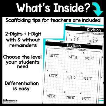 long division 2 digits by 1 digit on graph paper by caffeine queen teacher