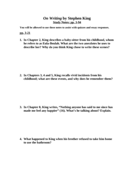 Preview of On Writing by Stephen King: 8-page Study Guide Packet for Students