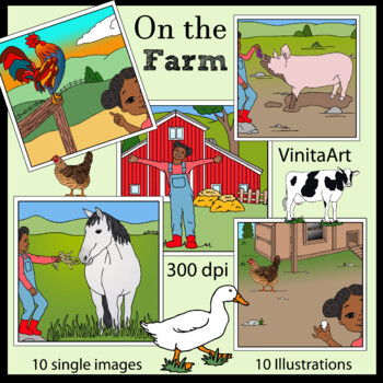 Preview of On the Farm, Animals and girl Illustrations & clip art