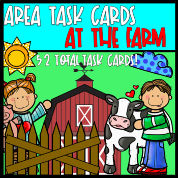 Preview of On the Farm Area Task Cards- 52 Task Cards, Word Problems, Spring Fun March