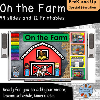 Preview of On the Farm theme 93 Google slides and 12 worksheets for Prek and Kindergarten