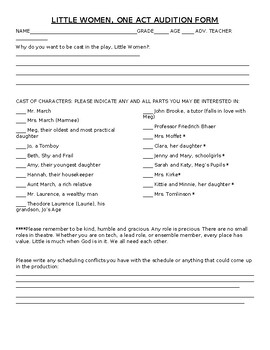 Preview of One Act audition form example