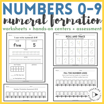 Preview of Kindergarten Number Formation Practice 0-9 Worksheets, Math Centers, Assessment