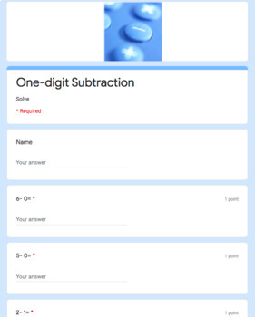 Preview of One-Digit Subtraction- Google Form -Online Learning/Tutoring-