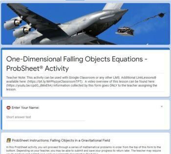 Preview of One-Dimensional Falling Objects ProbSheet® - Online Distance Blending Learning