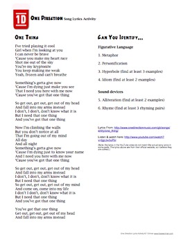 One Direction Song Lyrics Poetry Activity By Tracee Orman Tpt