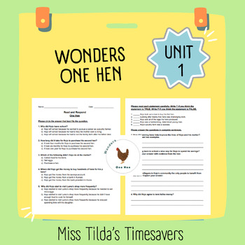 Preview of One Hen - Read and Respond Grade 5 Wonders
