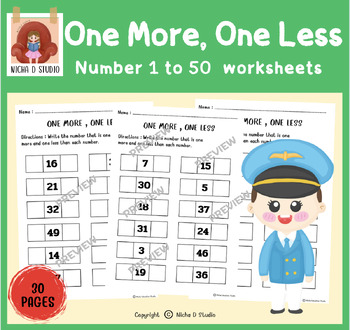 Preview of One More One Less Kindergarten Math Worksheets  Number 1 to 50