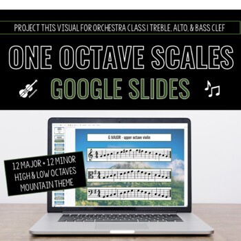 Preview of One Octave Scales for Orchestra Clefs | Google Slides | 12 Major, 12 minor