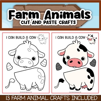 Preview of One Page Cut and Paste Farm Animal Crafts - Cow Pig Horse Duck Hen and 8 More