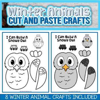 Preview of One Page Cut and Paste Winter Animals Crafts - Penguin Bear Fox and 5 More