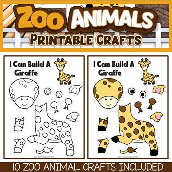 Preview of One Page Cut and Paste Zoo Animal Crafts - Giraffe Lion Hippo Tiger and 6 More