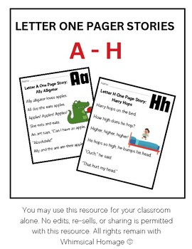 Preview of One Page Fluency Stories Based on Letters