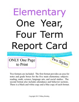 Preview of One Page Report Card Four Terms & Final Grade, Great for Home or Private Schools