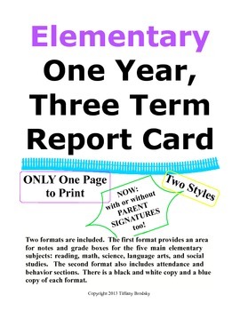 Preview of One Page Report Card Three Terms & Final Grade, Super for Home & Private School