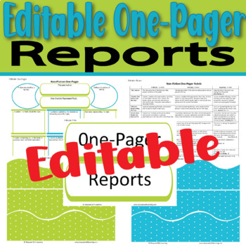 Preview of One-Pager Book Report, Editable Handouts, Templates, Rubrics, & Bulletin Board