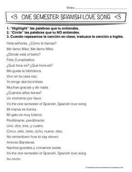 Preview of "One Semester of Spanish Love Song" Lesson Plans