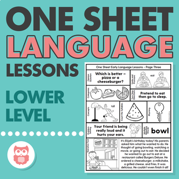 Preview of One Sheet Lower Level Language Lessons | No Prep, Printables | Speech Therapy