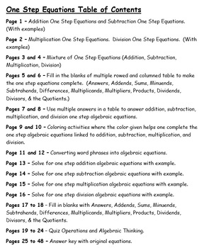 Preview of One Step Algebraic Equations 24 Work Pages Various Forms & Answers (48 pages)