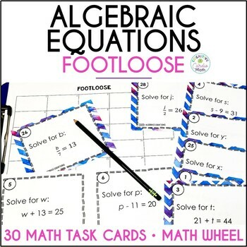 Preview of One Step Algebraic Equations 6th Grade Math Task Cards Activity and Math Wheel