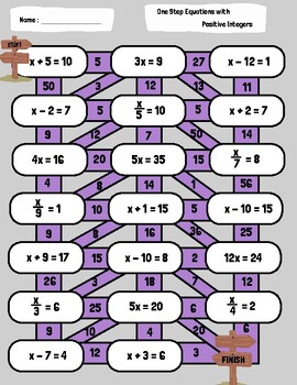 Preview of One Step Equation Maze with Positive Integers