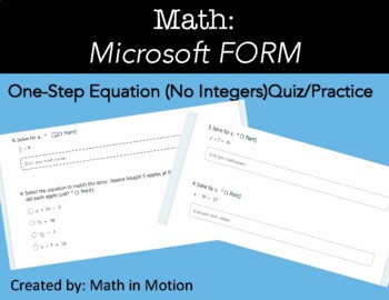 Preview of One-Step Equation (No Integers) Quiz/Practice: Microsoft FORM