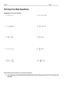 One-Step Equation Practice Worksheet by Kathryn Smith | TPT