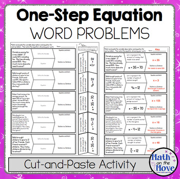 One-Step Equation Word Problems - Cut-and-Paste Activity by Math on the