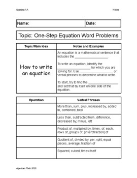 Preview of One-Step Equation Word Problems Guided Notes