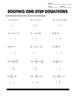 One-Step Equation Worksheet by Mr C Math Shop | Teachers Pay Teachers