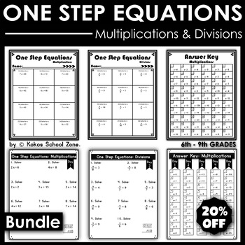 Preview of One Step Equations Activity Bundle Multiplication & Division Worksheet 6-9 Grade