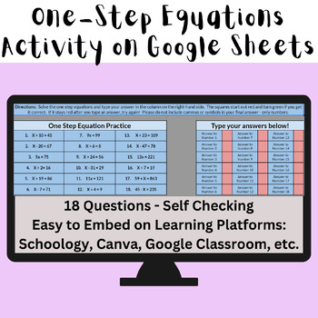 Preview of One Step Equations Activity - Self Checking Digital Resource (on Google Sheets)