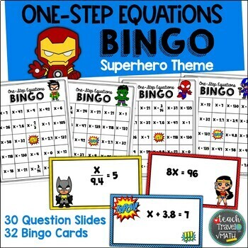 Preview of One-Step Equations Superhero Themed Bingo Game