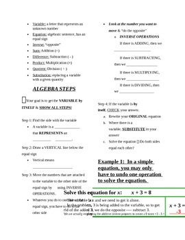 Preview of One-Step Equations: Guided CLOZE Notes, Shown Example, and Practice Questions